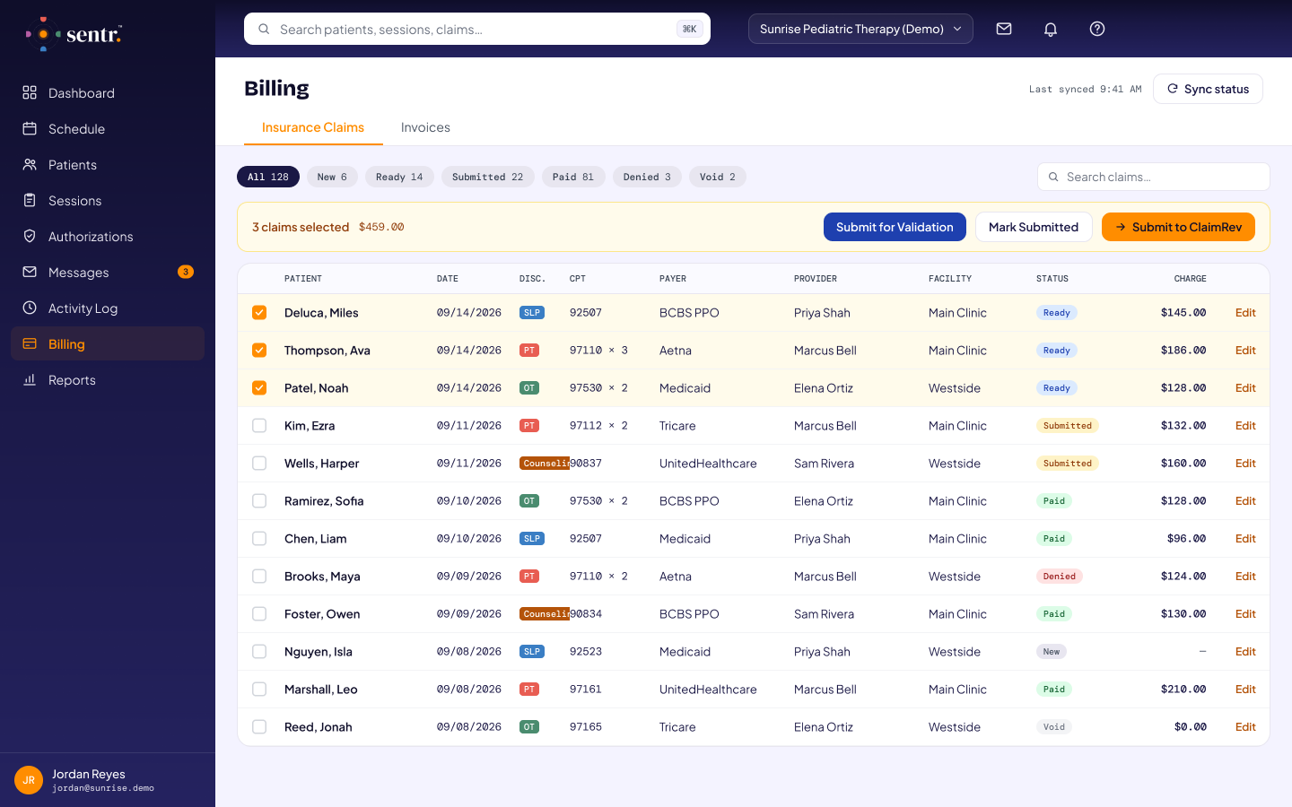 Claims queue with statuses and bulk submit (demo data)