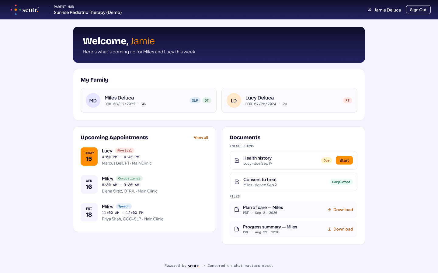 sentr. Portal home for a family with two children (demo data)