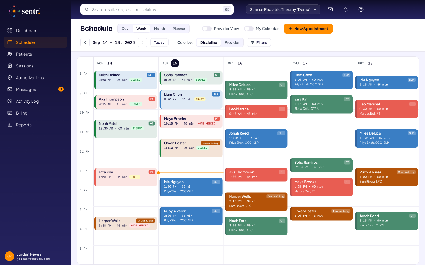 Week view of the schedule, color-coded by discipline (demo data)