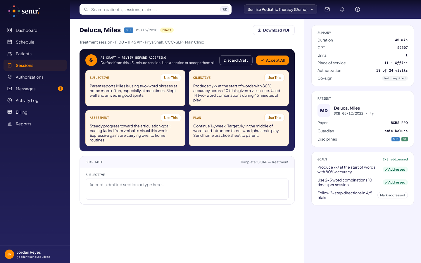 sentr. Scribe draft of a SOAP note beside the session summary and goals (demo data)